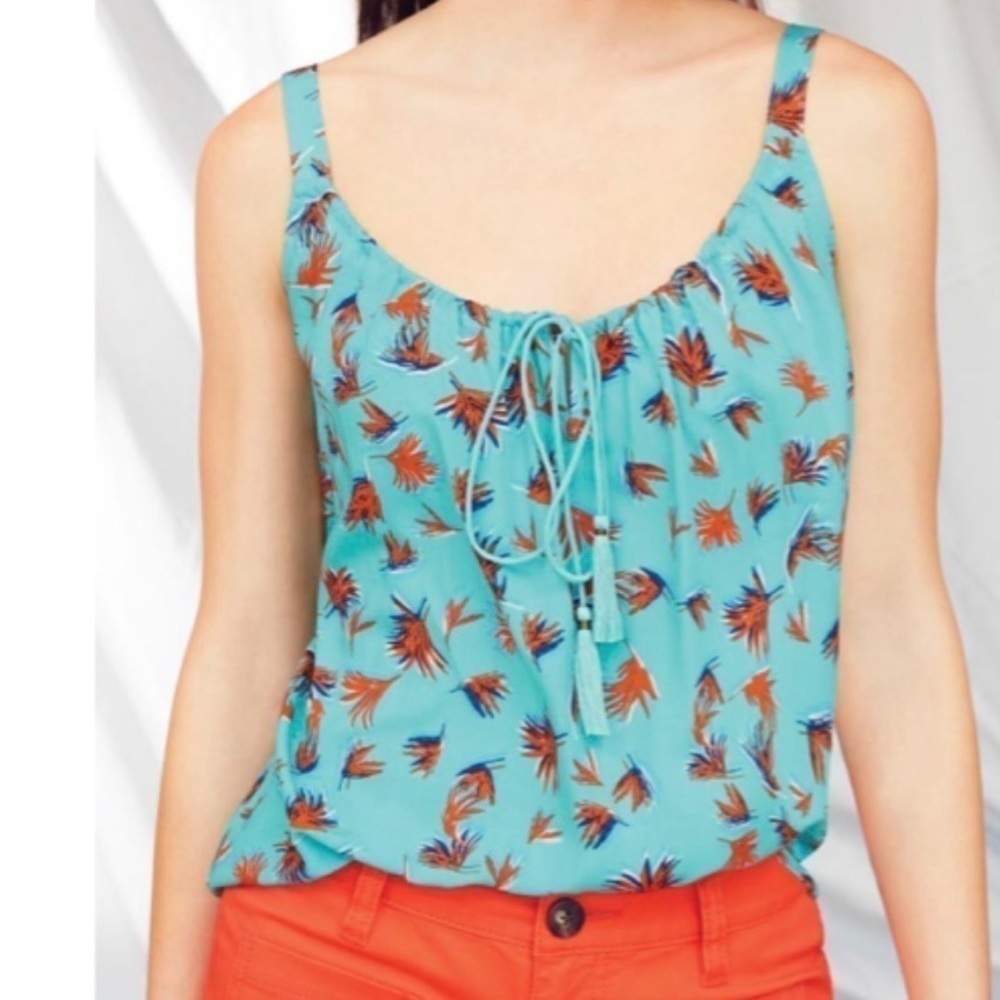 CABI Women’s Turquoise Orange Tassel Tank Tunic Top Palm Print